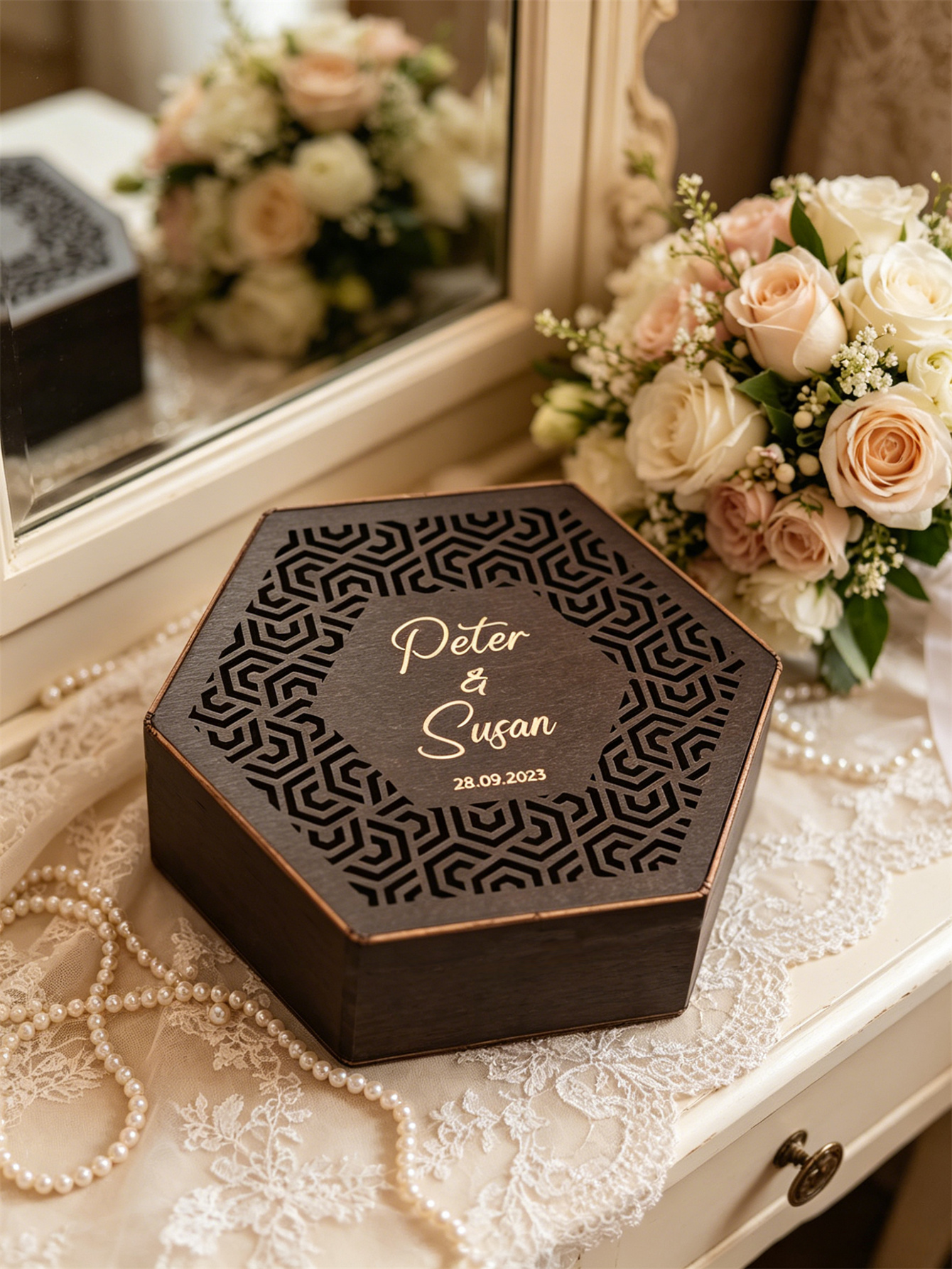 Rural-style wedding card box: Carved wooden souvenirs, personalized engagement gifts for the newlyweds